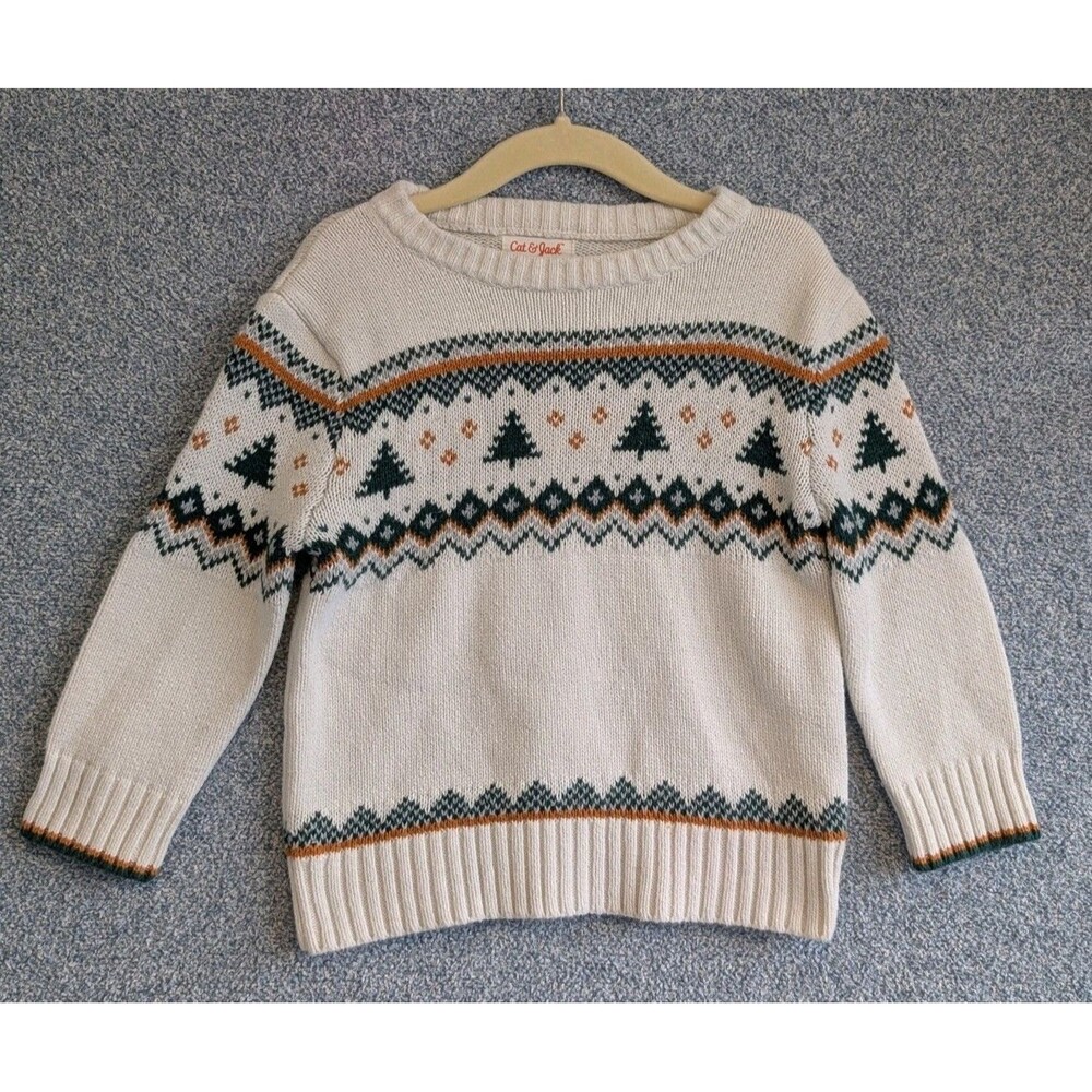 Cat & Jack Toddler Boys Size 2T Cream Green Fair Isle Christmas Tree Sweater